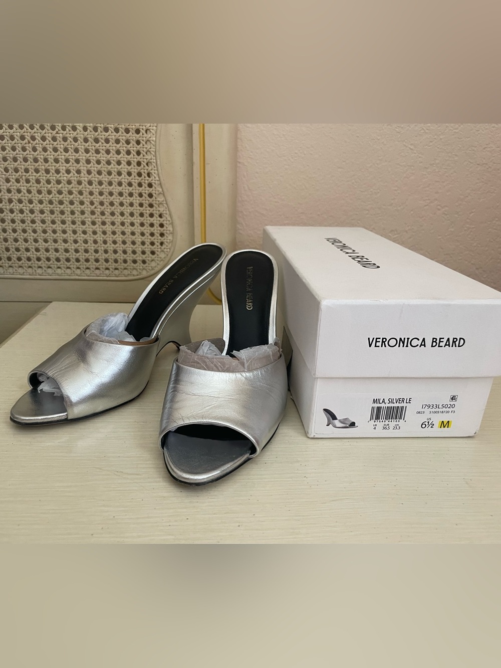 Veronica Beard Silver Metallic Leather Open-Toe Slide Heels